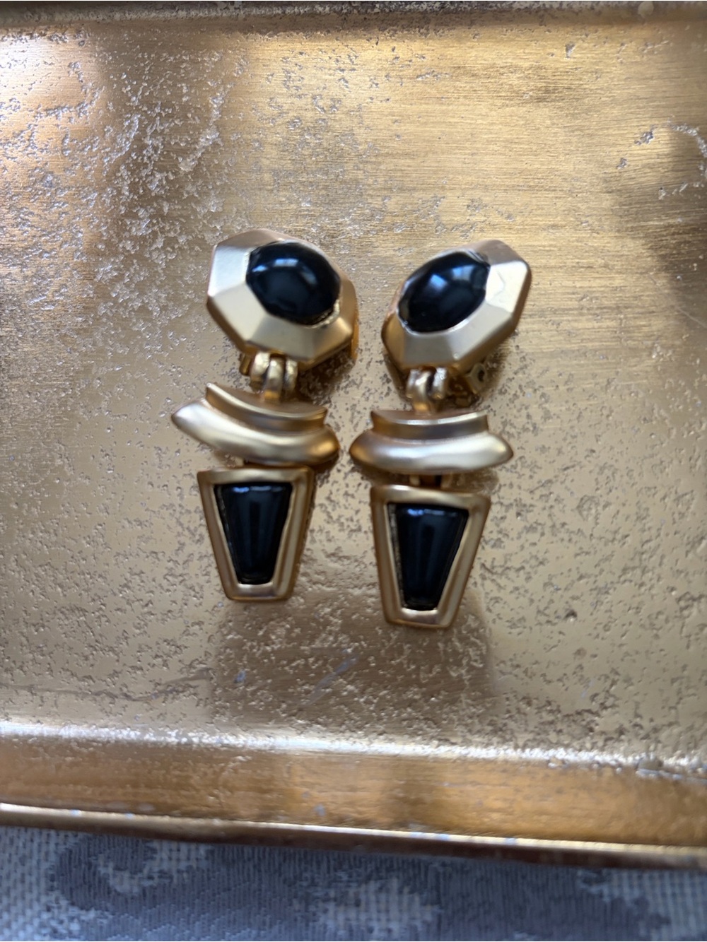 Vintage 1980s Art Deco Revival Geometric Drop Clip-On Earrings, Gold Tone & Faux